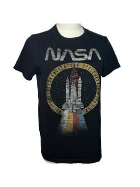 NASA Space Shuttle Graphic Black Cotton T-Shirt M Grunge Y2K Geek Science Retro